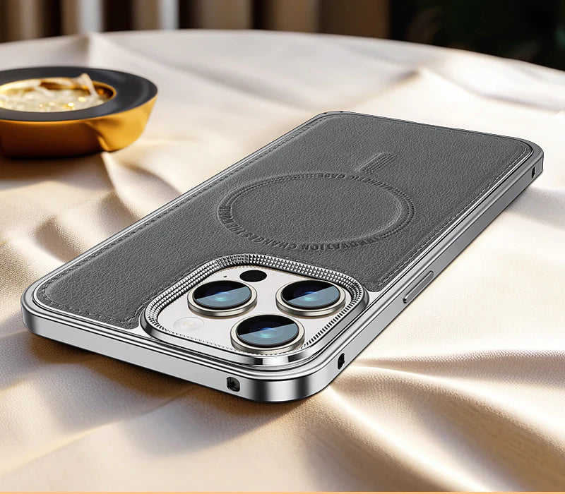 Luxury iPhone Case MagSafe Compatible Leather Back Cover — Aluminum Alloy Metal Frame, Shockproof Design, Magnetic Wireless Charging, Premium Finish