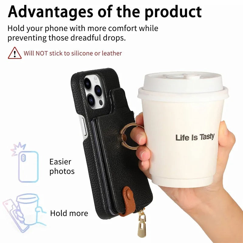 Luxury iPhone Leather Zipper Wallet Case — Card Holder Slot, Ring Kickstand Stand, Magnetic Closure, Shockproof Drop Protection, Anti-Fingerprint Design