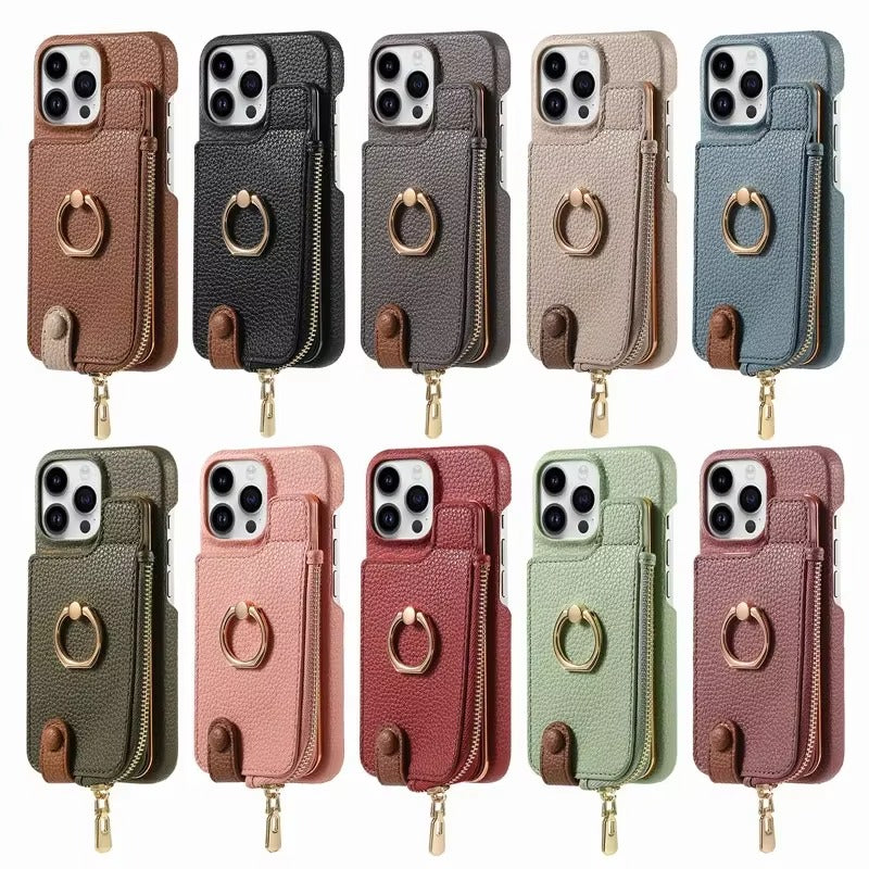 Luxury iPhone Leather Zipper Wallet Case — Card Holder Slot, Ring Kickstand Stand, Magnetic Closure, Shockproof Drop Protection, Anti-Fingerprint Design