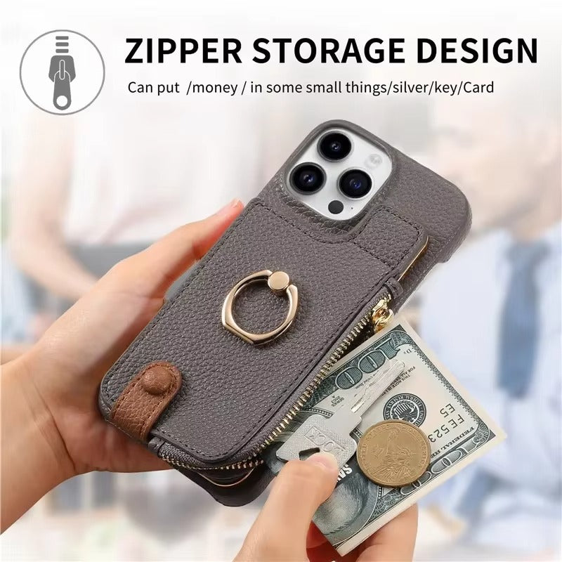 Luxury iPhone Leather Zipper Wallet Case — Card Holder Slot, Ring Kickstand Stand, Magnetic Closure, Shockproof Drop Protection, Anti-Fingerprint Design