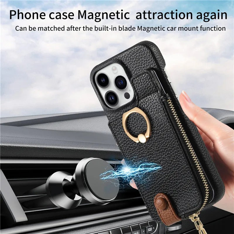 Luxury iPhone Leather Zipper Wallet Case — Card Holder Slot, Ring Kickstand Stand, Magnetic Closure, Shockproof Drop Protection, Anti-Fingerprint Design