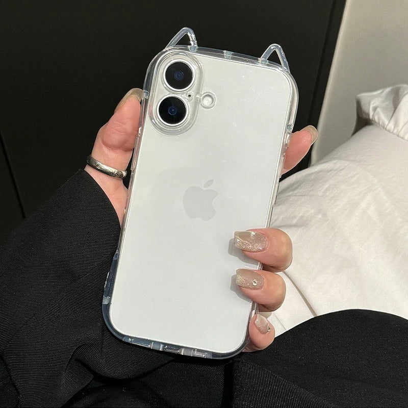 Cute iPhone Case 3D Cat Ears Clear TPU Cover — Soft Transparent Shockproof Shell, Anti-Fingerprint Scratch-Resistant Non-Slip Protective Design