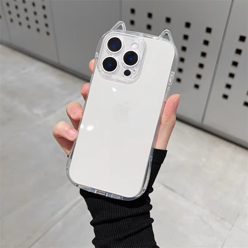 Cute iPhone Case 3D Cat Ears Clear TPU Cover — Soft Transparent Shockproof Shell, Anti-Fingerprint Scratch-Resistant Non-Slip Protective Design
