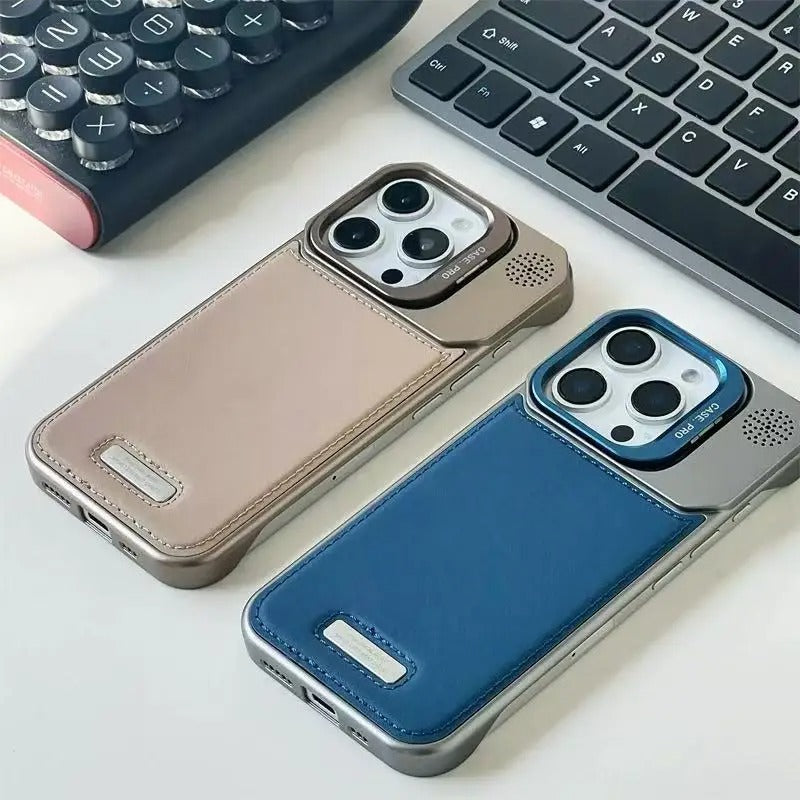 High-end Leather Feel MagSafe Phone Case — Wireless Charging, Alloy Lens Holder, Tough Anti-Fingerprint Hard PC Cover for iPhone