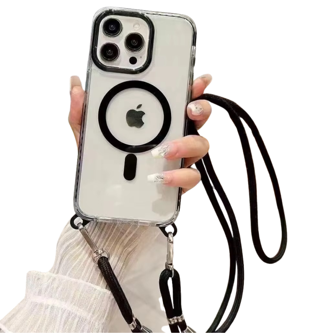 Luxury iPhone Case Crossbody Transparent Magnetic — Magsafe Compatible Shockproof Cover with Anti-Lost Lanyard, Anti-Fingerprint, Non-Slip