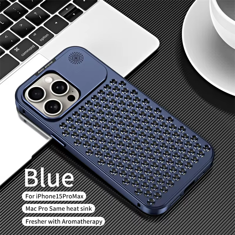 Luxury Aluminum Alloy iPhone Case — Full Coverage Shockproof Cooling Design with Aromatherapy Diffuser, Matte Anti-Fingerprint Finish, Non-Slip
