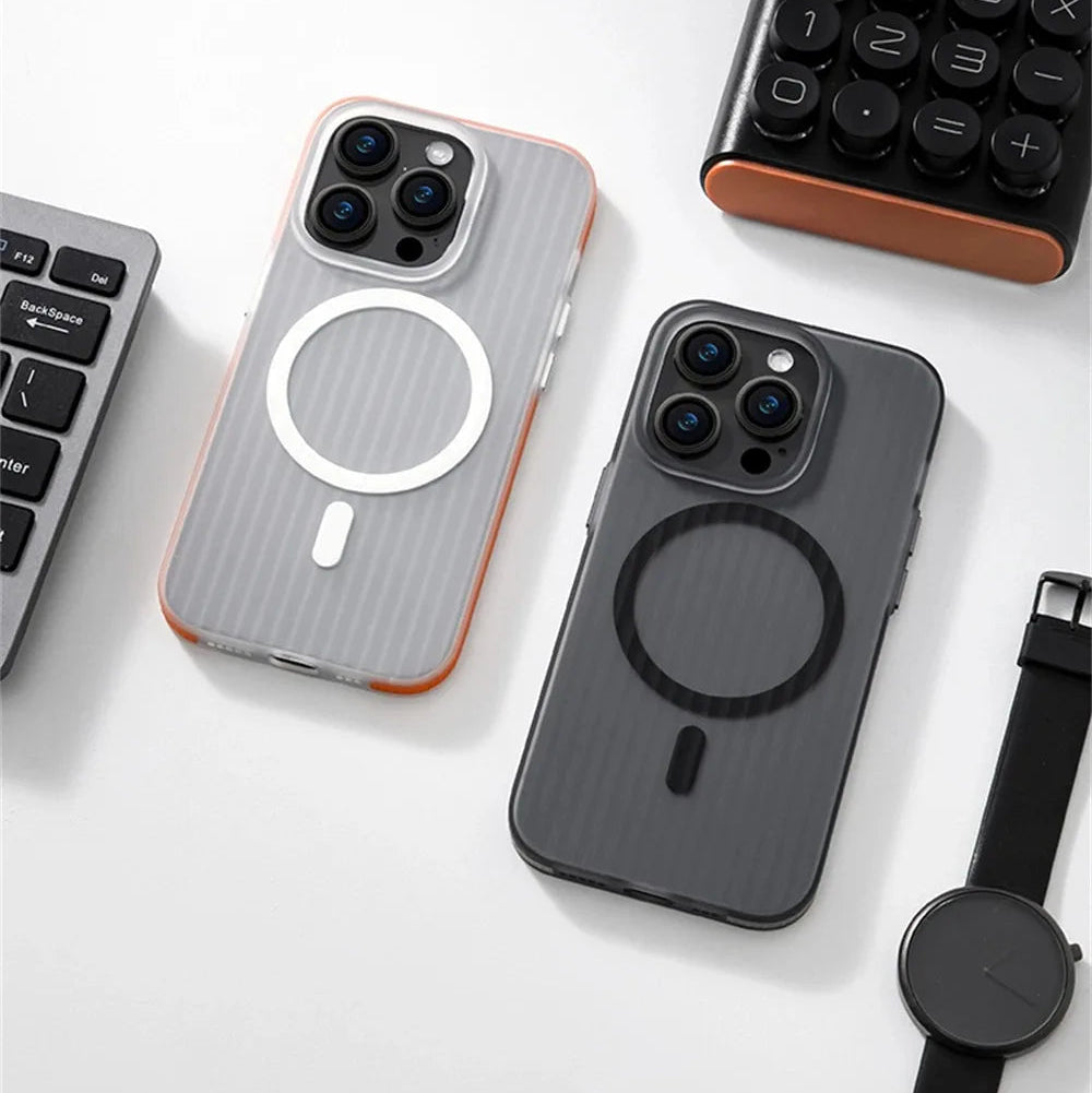 Luxury Corrugated Pattern iPhone Case — Magnetic Magsafe Wireless Charging Cover, Shockproof Hard PC, Non-Slip Matte Finish, Anti-Fingerprint, Dustproof