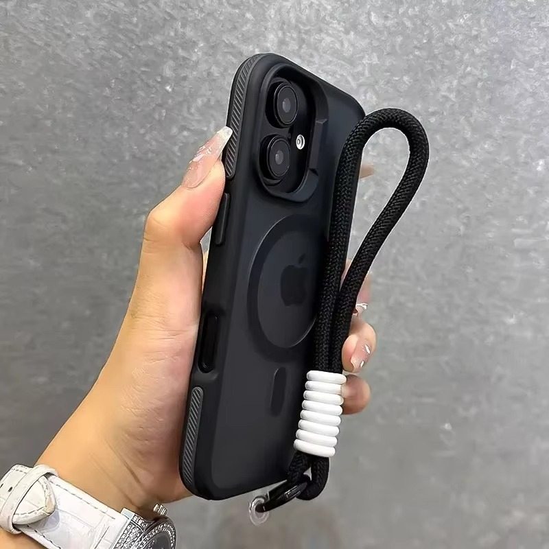 Luxury Dual-Color Magnetic iPhone Case — Magsafe Compatible Half-Wrapped Cover with Wrist Strap, Shockproof, Anti-Fingerprint, Non-Slip, Matte Finish