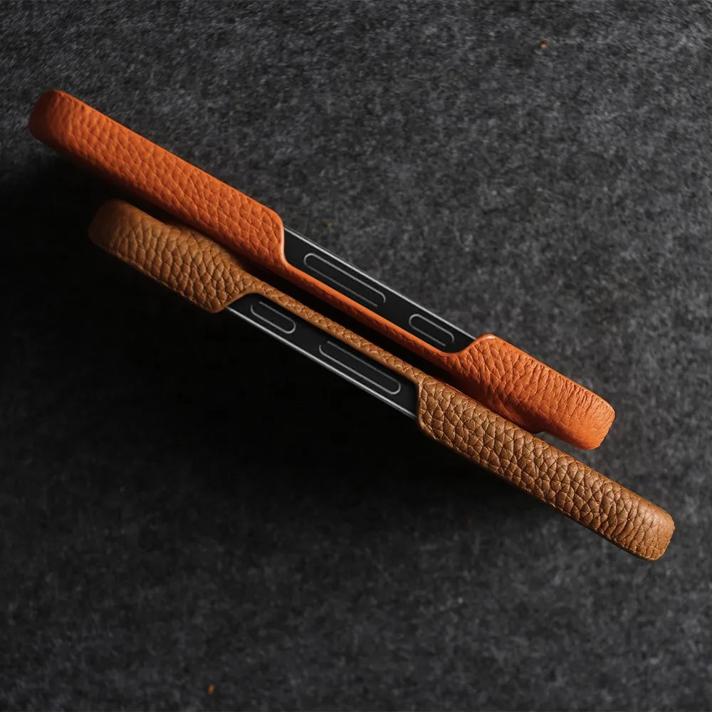 Luxury Genuine Leather iPhone Case — Cowhide Half-Wrapped Cover with Crossbody Strap, Anti-Scratch, Dustproof, Non-Slip Protective Shell