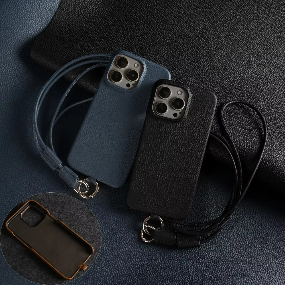 Luxury Genuine Leather iPhone Case — Cowhide Half-Wrapped Cover with Crossbody Strap, Anti-Scratch, Dustproof, Non-Slip Protective Shell