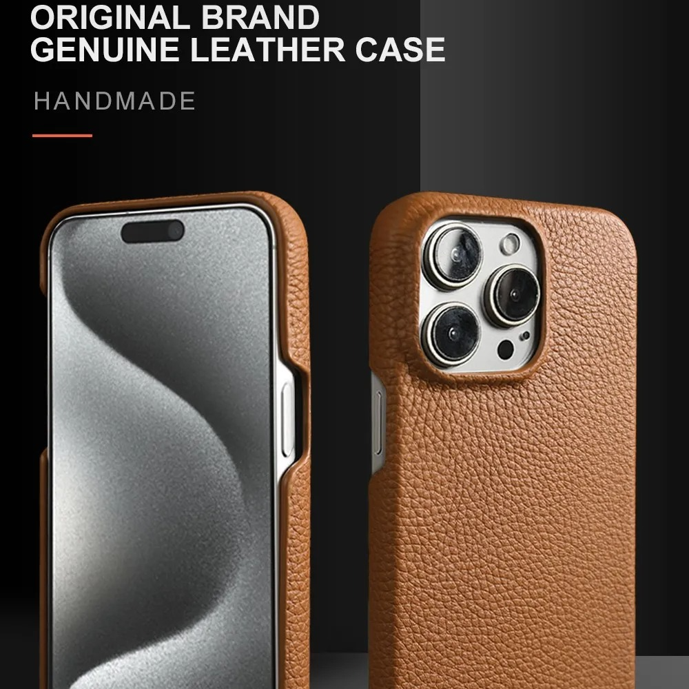 Luxury Genuine Leather iPhone Case — Cowhide Half-Wrapped Cover with Crossbody Strap, Anti-Scratch, Dustproof, Non-Slip Protective Shell
