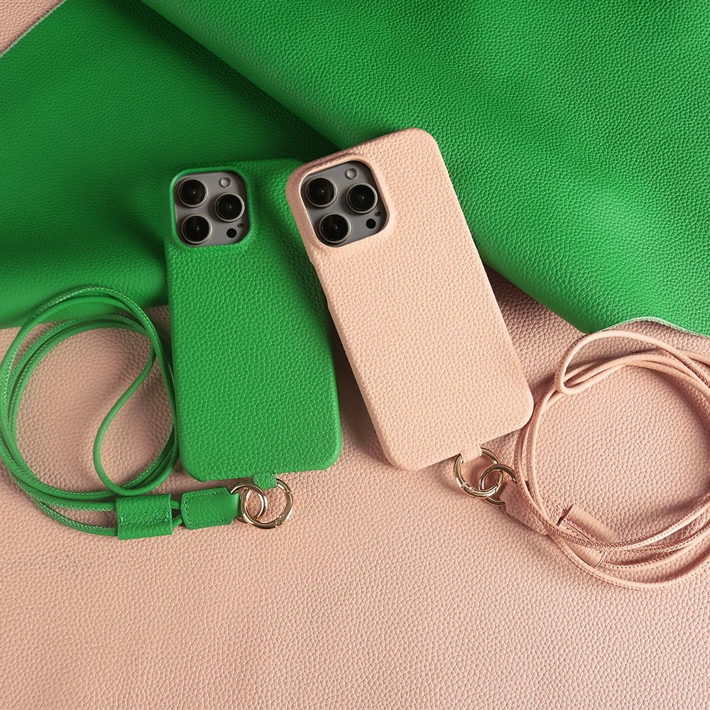 Luxury Genuine Leather iPhone Case — Cowhide Half-Wrapped Cover with Crossbody Strap, Anti-Scratch, Dustproof, Non-Slip Protective Shell