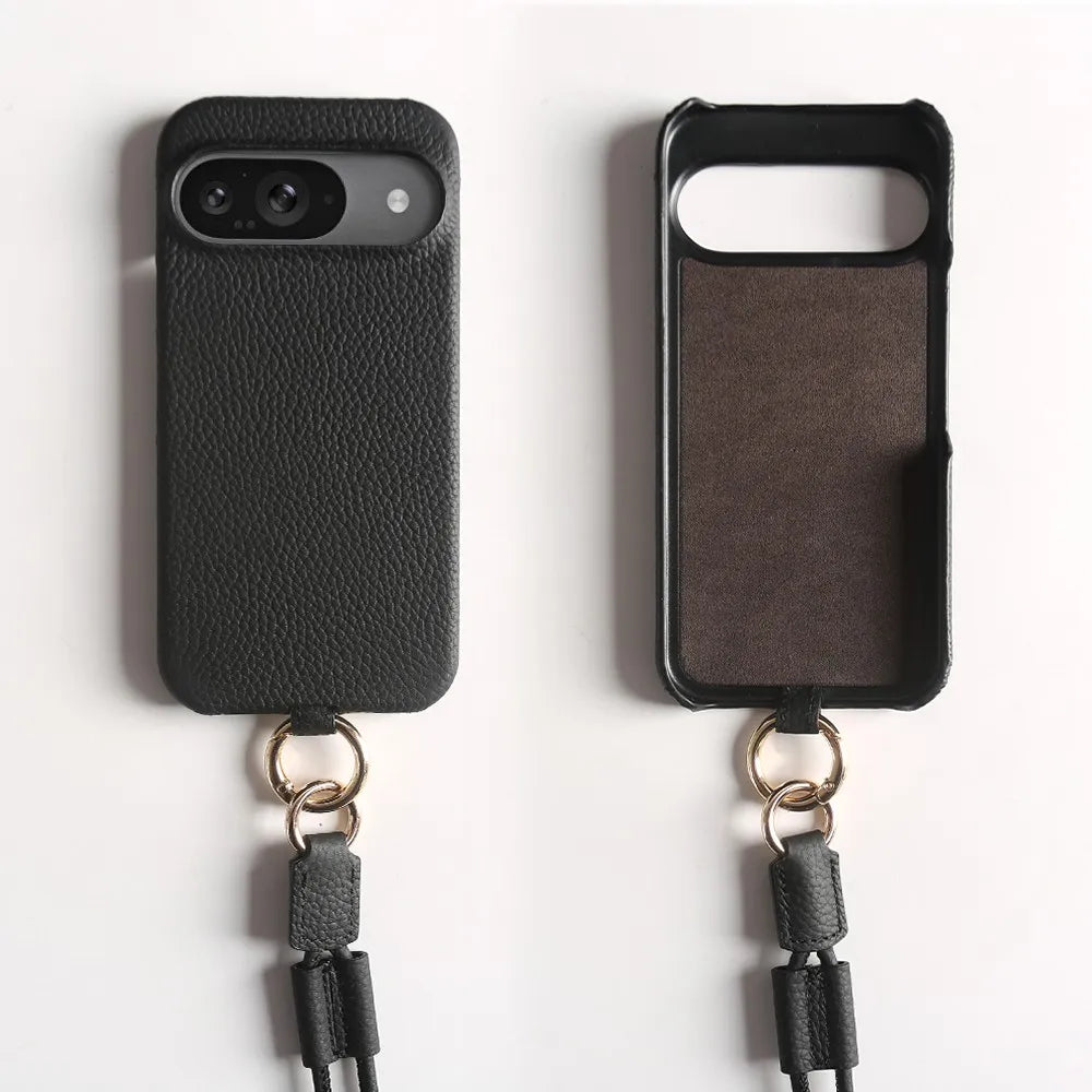 Luxury Genuine Leather iPhone Case — Cowhide Half-Wrapped Cover with Crossbody Strap, Anti-Scratch, Dustproof, Non-Slip Protective Shell