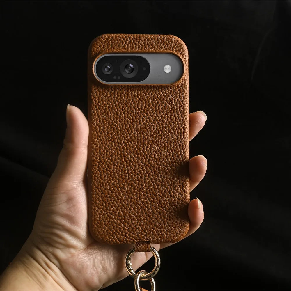 Luxury Genuine Leather iPhone Case — Cowhide Half-Wrapped Cover with Crossbody Strap, Anti-Scratch, Dustproof, Non-Slip Protective Shell