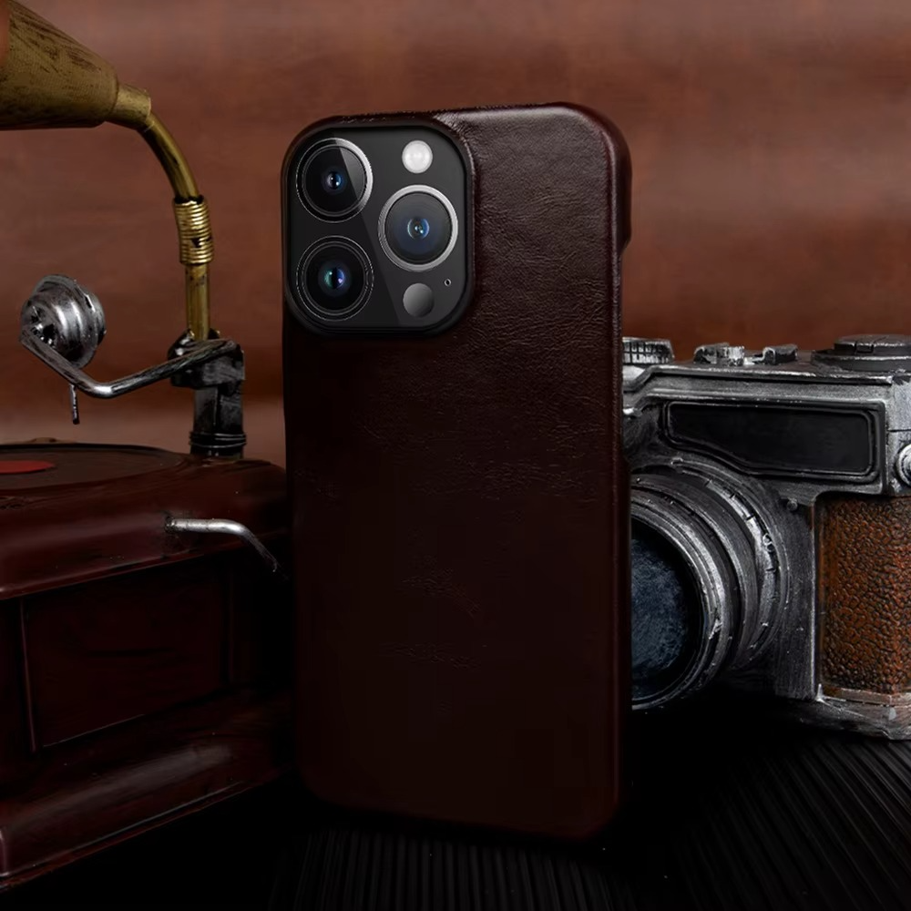 Luxury Genuine Leather iPhone Case — Half-Wrapped Anti-Scratch Dustproof Cover, Vintage Retro Business Style, Lightweight Non-Slip Design
