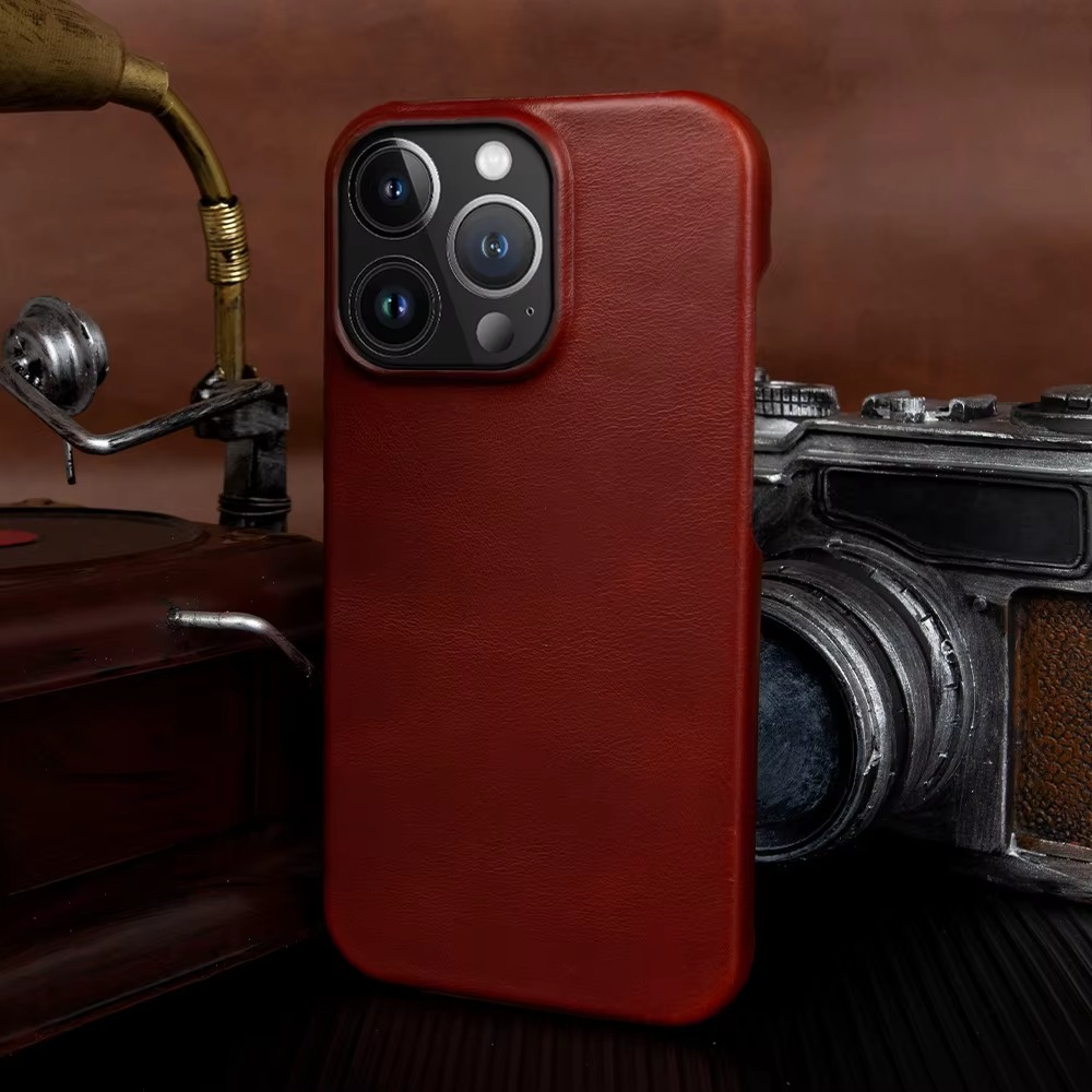 Luxury Genuine Leather iPhone Case — Half-Wrapped Anti-Scratch Dustproof Cover, Vintage Retro Business Style, Lightweight Non-Slip Design