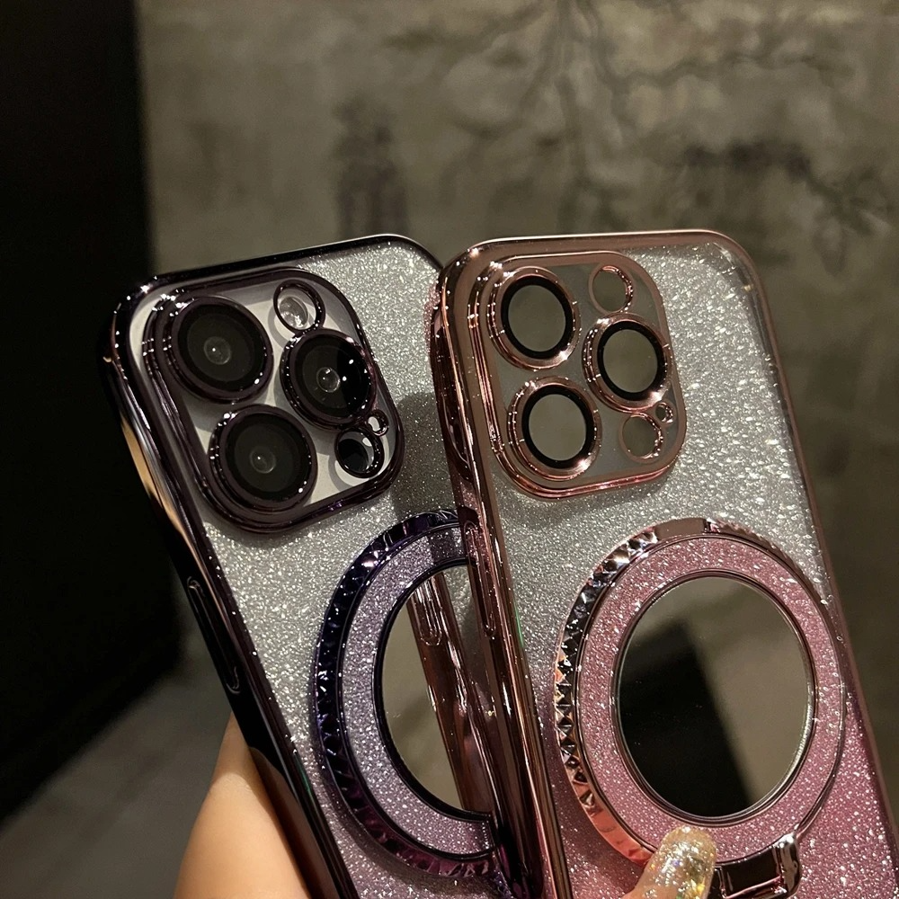 Luxury Glitter Gradient iPhone Case — MagSafe Compatible Half-Wrapped Cover with Mirror Finish, Stand Bracket, Shockproof, Anti-Fingerprint, Anti-Scratch