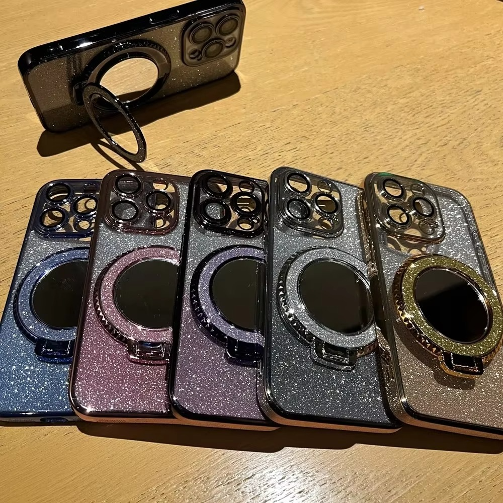 Luxury Glitter Gradient iPhone Case — MagSafe Compatible Half-Wrapped Cover with Mirror Finish, Stand Bracket, Shockproof, Anti-Fingerprint, Anti-Scratch
