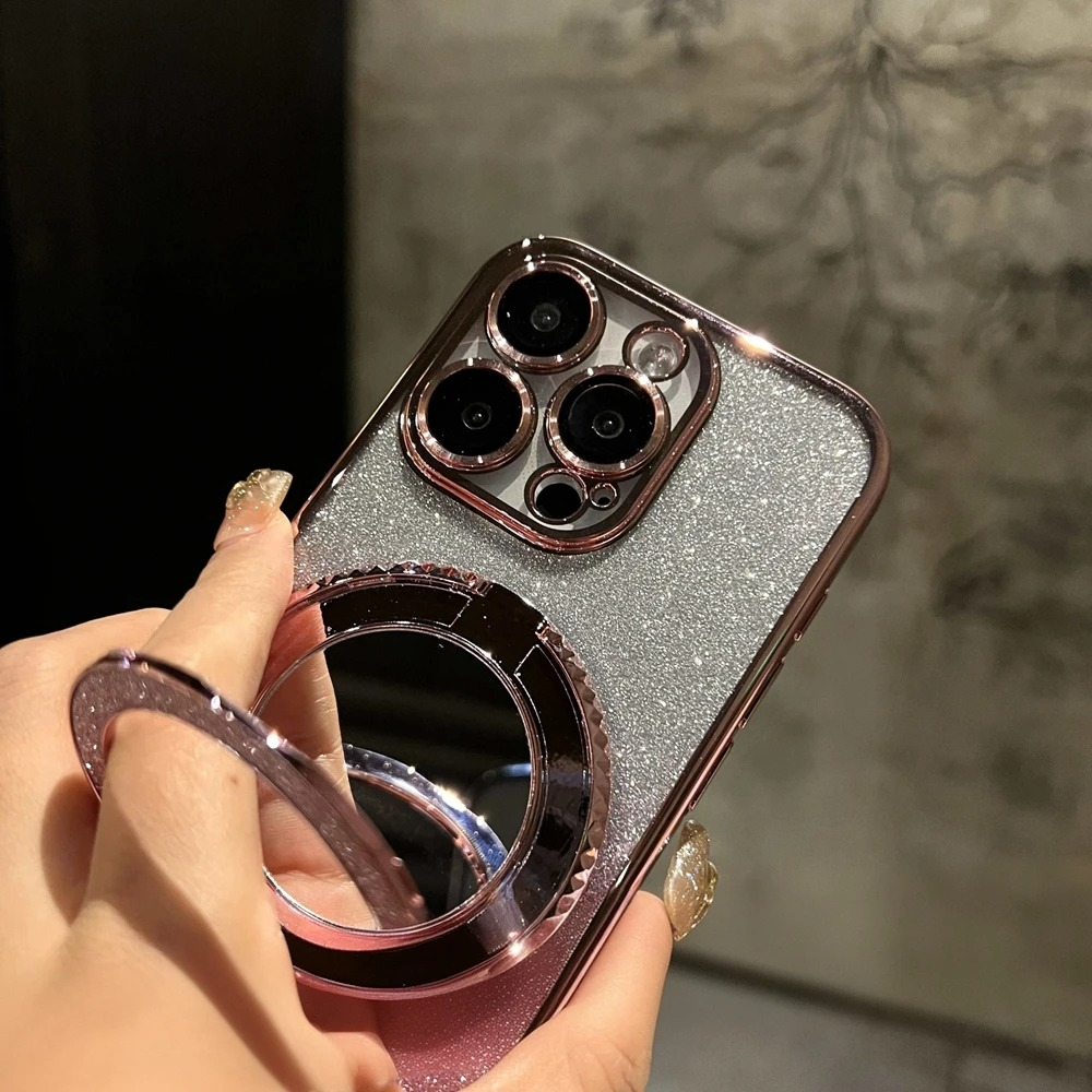 Luxury Glitter Gradient iPhone Case — MagSafe Compatible Half-Wrapped Cover with Mirror Finish, Stand Bracket, Shockproof, Anti-Fingerprint, Anti-Scratch