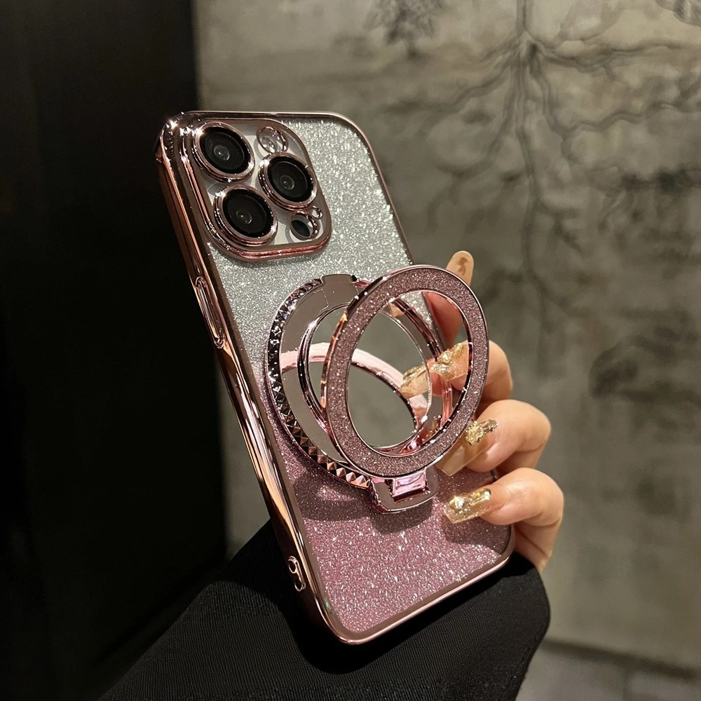 Luxury Glitter Gradient iPhone Case — MagSafe Compatible Half-Wrapped Cover with Mirror Finish, Stand Bracket, Shockproof, Anti-Fingerprint, Anti-Scratch