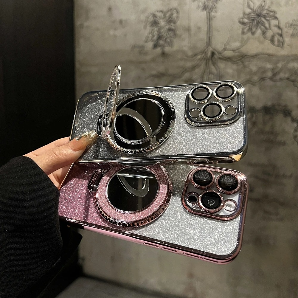 Luxury Glitter Gradient iPhone Case — MagSafe Compatible Half-Wrapped Cover with Mirror Finish, Stand Bracket, Shockproof, Anti-Fingerprint, Anti-Scratch