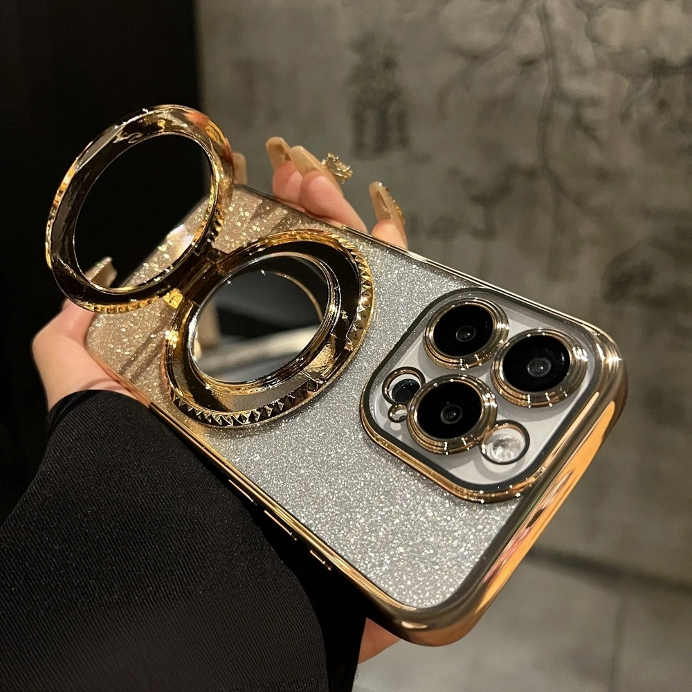 Luxury Glitter Gradient iPhone Case — MagSafe Compatible Half-Wrapped Cover with Mirror Finish, Stand Bracket, Shockproof, Anti-Fingerprint, Anti-Scratch