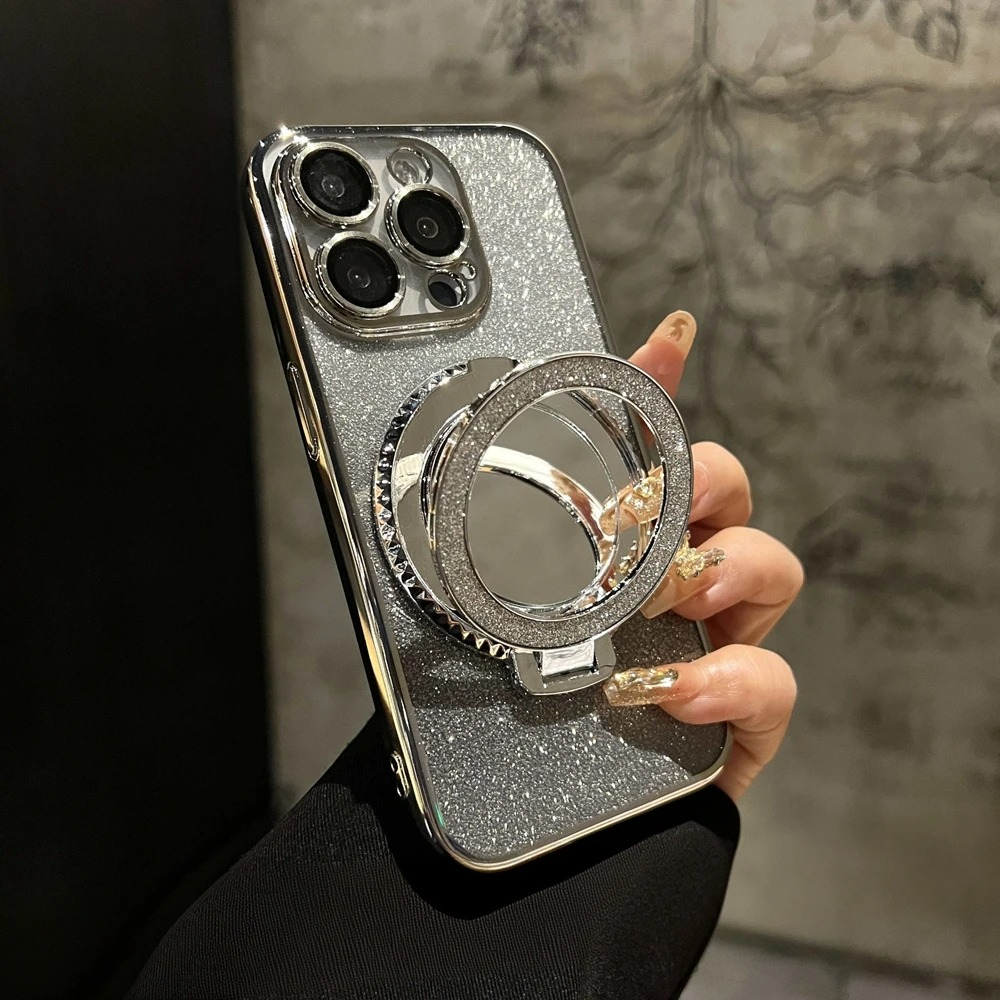 Luxury Glitter Gradient iPhone Case — MagSafe Compatible Half-Wrapped Cover with Mirror Finish, Stand Bracket, Shockproof, Anti-Fingerprint, Anti-Scratch