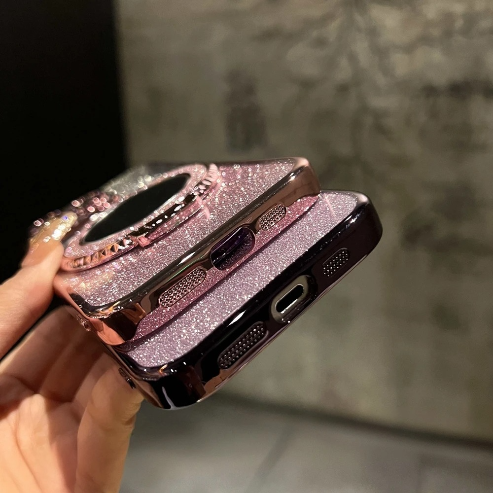 Luxury Glitter Gradient iPhone Case — MagSafe Compatible Half-Wrapped Cover with Mirror Finish, Stand Bracket, Shockproof, Anti-Fingerprint, Anti-Scratch
