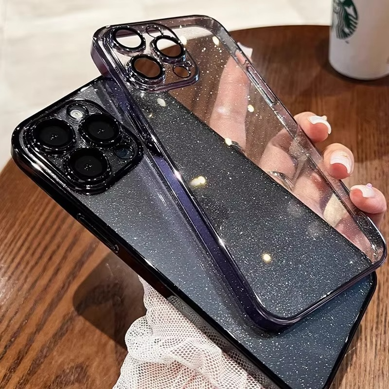 Luxury Glitter Transparent iPhone Case — Slim Hard PC Cover with Anti-Fingerprint, Anti-Scratch, Dustproof, Non-Slip Design, Clear Plating Camera Protection
