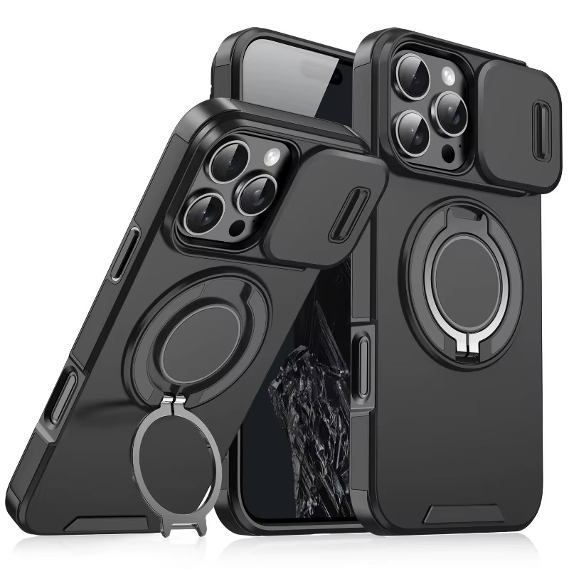Luxury Heavy Duty Rugged iPhone Case — Magnetic Bracket, Shockproof Armor, Slide Camera Protection, PC + TPU, Anti-Fingerprint, Non-Slip