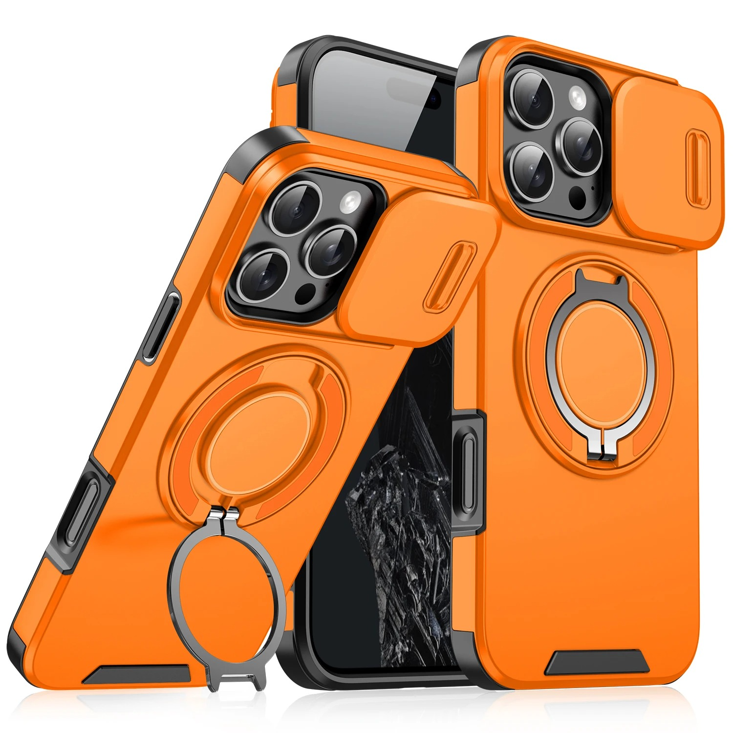 Luxury Heavy Duty Rugged iPhone Case — Magnetic Bracket, Shockproof Armor, Slide Camera Protection, PC + TPU, Anti-Fingerprint, Non-Slip