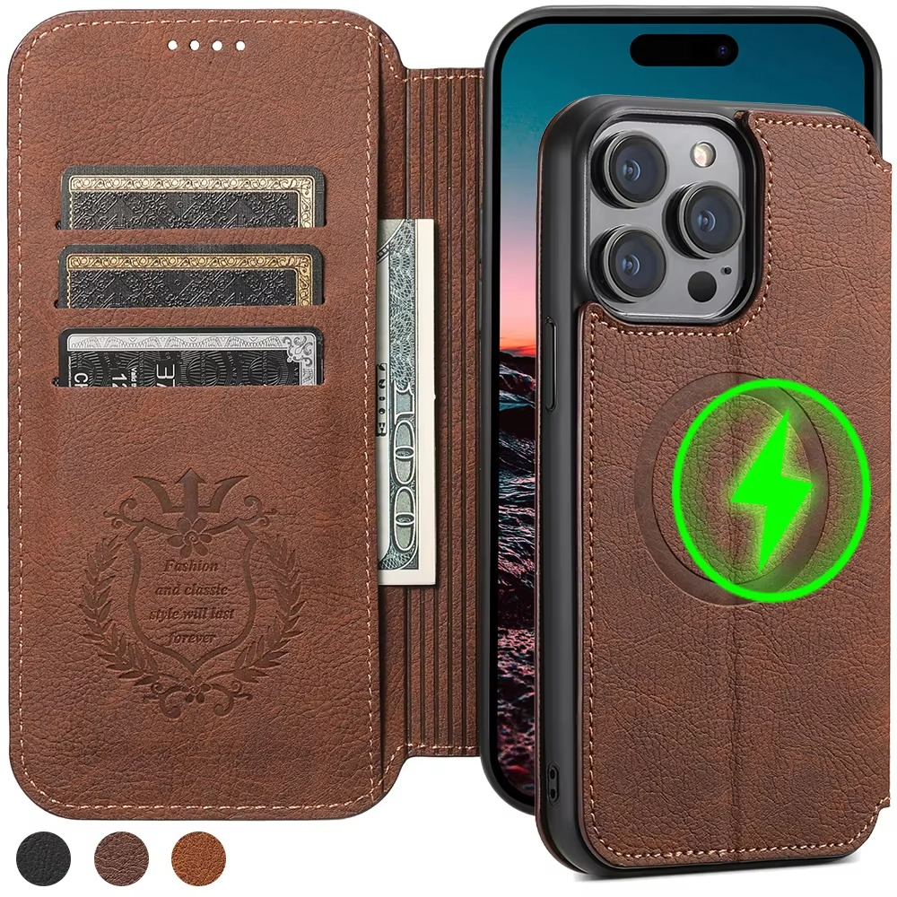 Luxury Leather Flip Wallet Phone Case for iPhone — Magnetic, Wireless Charging Compatible, Anti-Fingerprint, Dustproof, Card Holder, Kickstand, Non-Slip