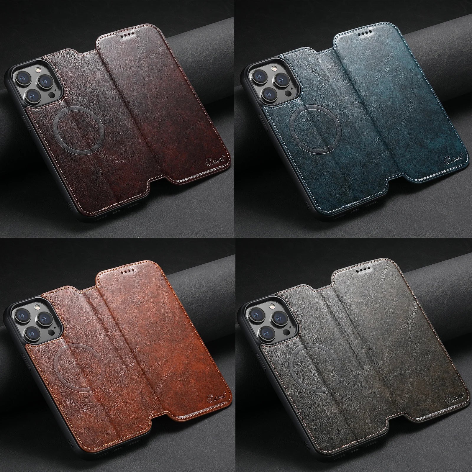 Luxury Leather Flip Wallet Phone Case for iPhone — Magnetic, Wireless Charging Compatible, Anti-Fingerprint, Dustproof, Card Holder, Kickstand, Non-Slip