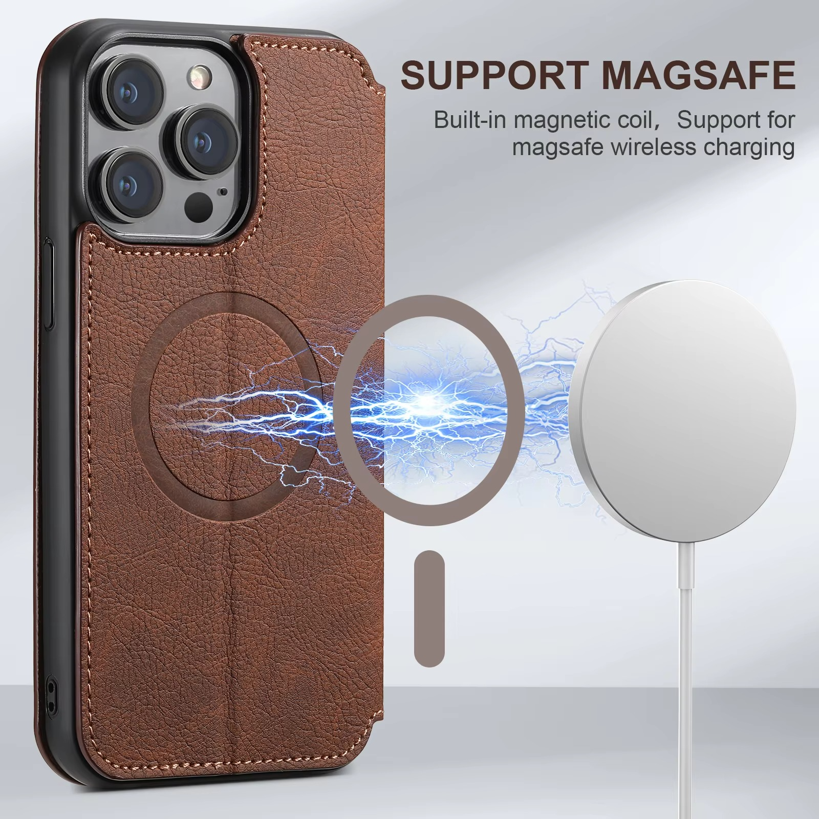 Luxury Leather Flip Wallet Phone Case for iPhone — Magnetic, Wireless Charging Compatible, Anti-Fingerprint, Dustproof, Card Holder, Kickstand, Non-Slip