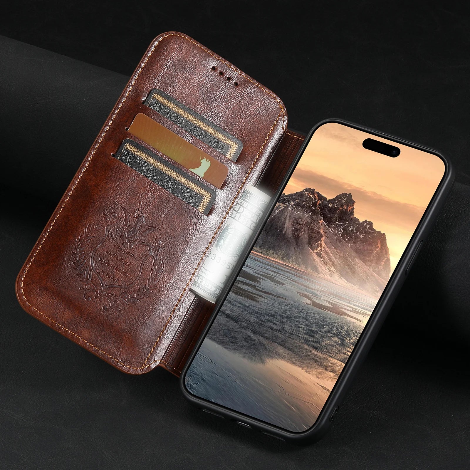 Luxury Leather Flip Wallet Phone Case for iPhone — Magnetic, Wireless Charging Compatible, Anti-Fingerprint, Dustproof, Card Holder, Kickstand, Non-Slip