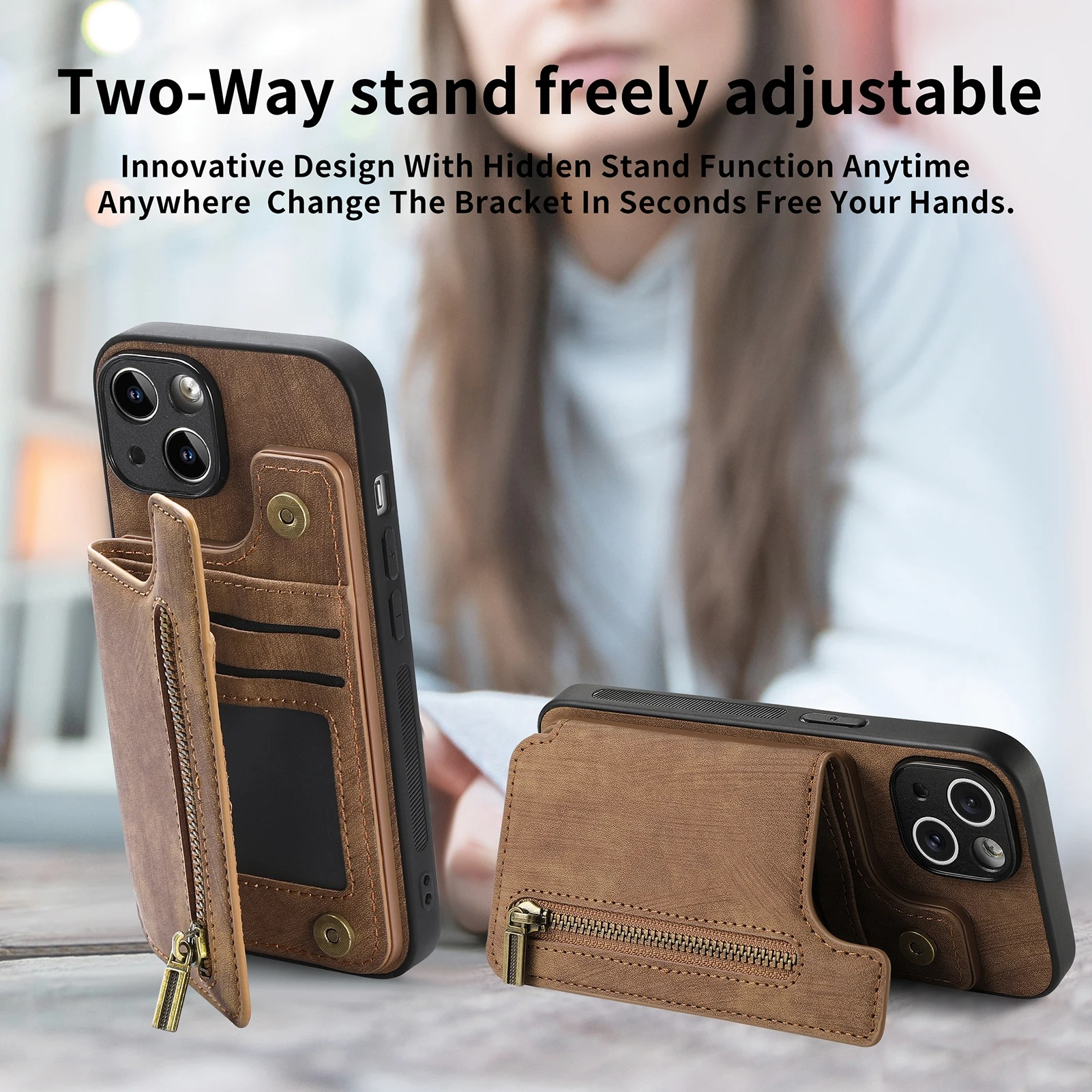 Luxury Leather Wallet iPhone Case — Zipper Card Slot, Magnetic Double Buckle, Anti-Fingerprint, Anti-Scratch, Non-Slip Full Protection Cover