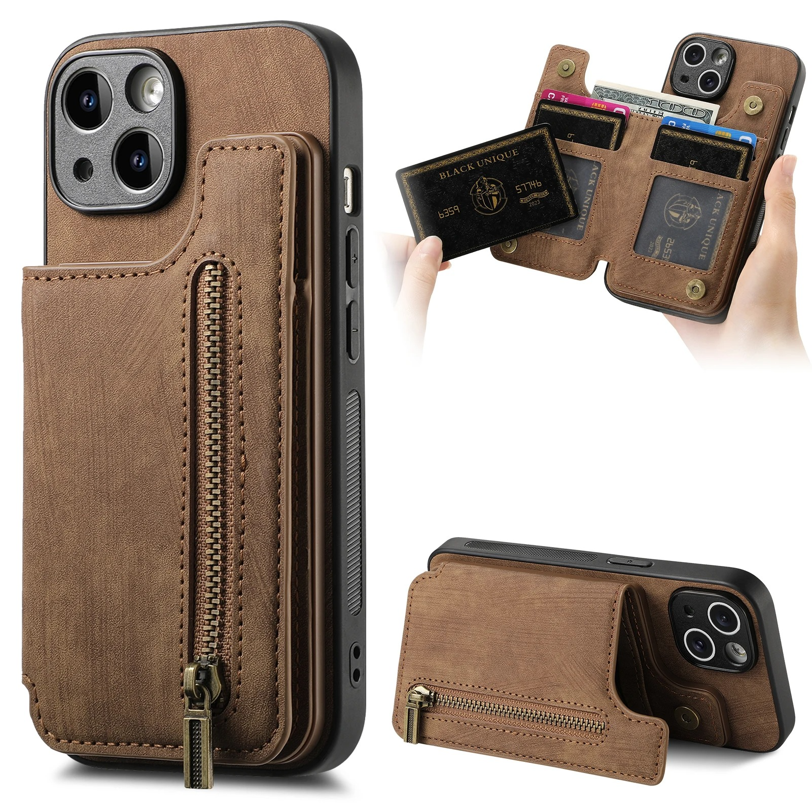 Luxury Leather Wallet iPhone Case — Zipper Card Slot, Magnetic Double Buckle, Anti-Fingerprint, Anti-Scratch, Non-Slip Full Protection Cover