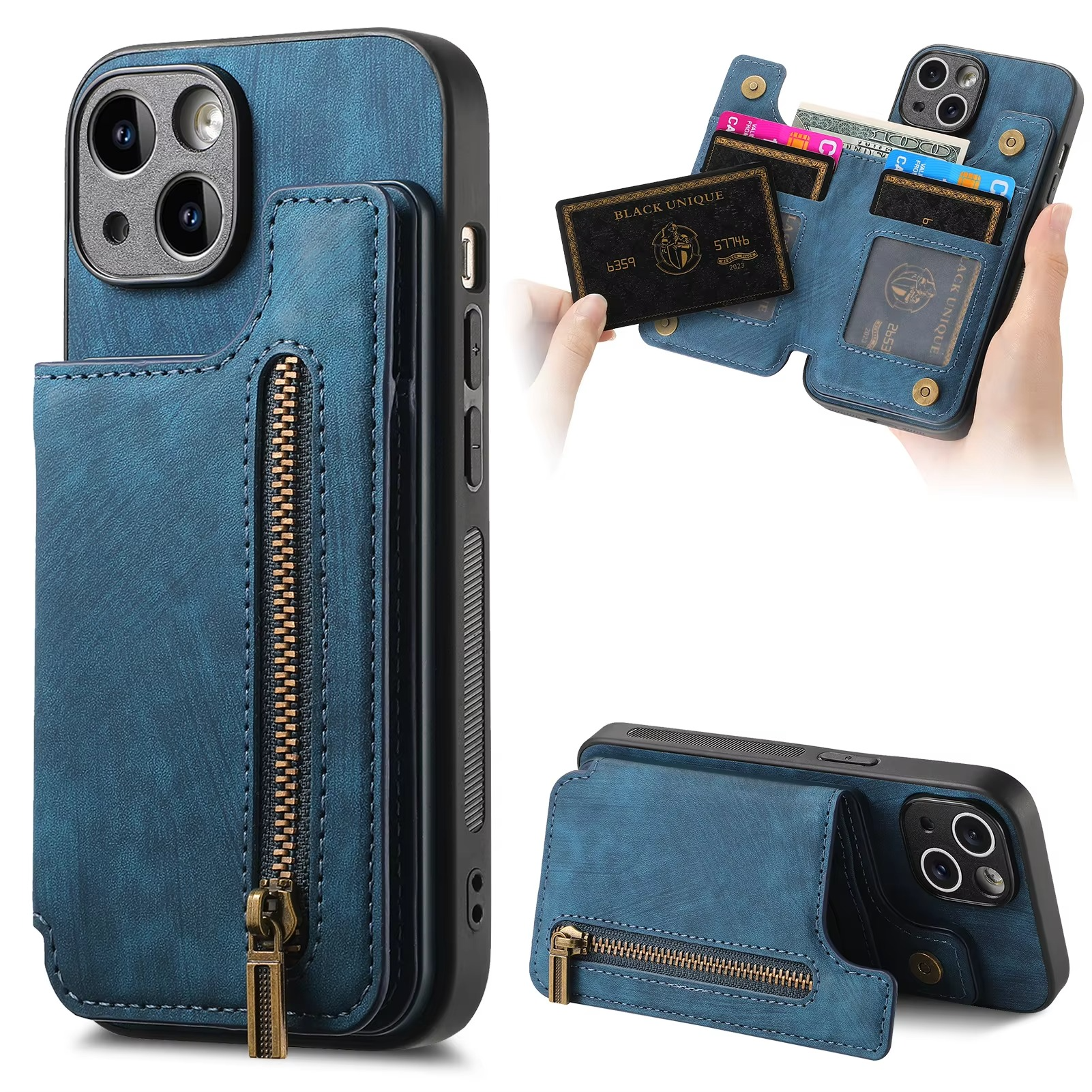 Luxury Leather Wallet iPhone Case — Zipper Card Slot, Magnetic Double Buckle, Anti-Fingerprint, Anti-Scratch, Non-Slip Full Protection Cover