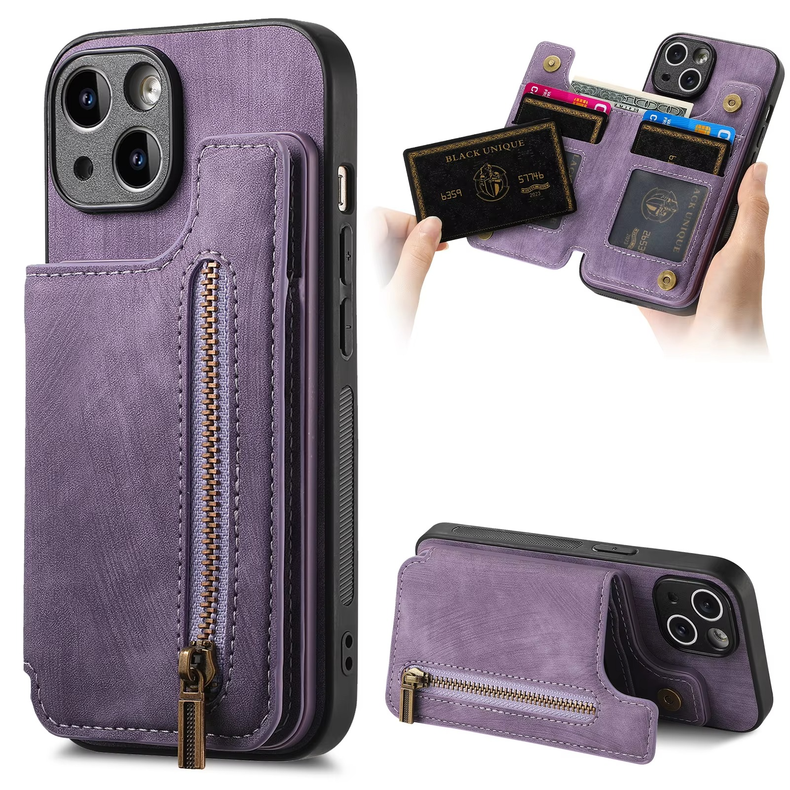 Luxury Leather Wallet iPhone Case — Zipper Card Slot, Magnetic Double Buckle, Anti-Fingerprint, Anti-Scratch, Non-Slip Full Protection Cover