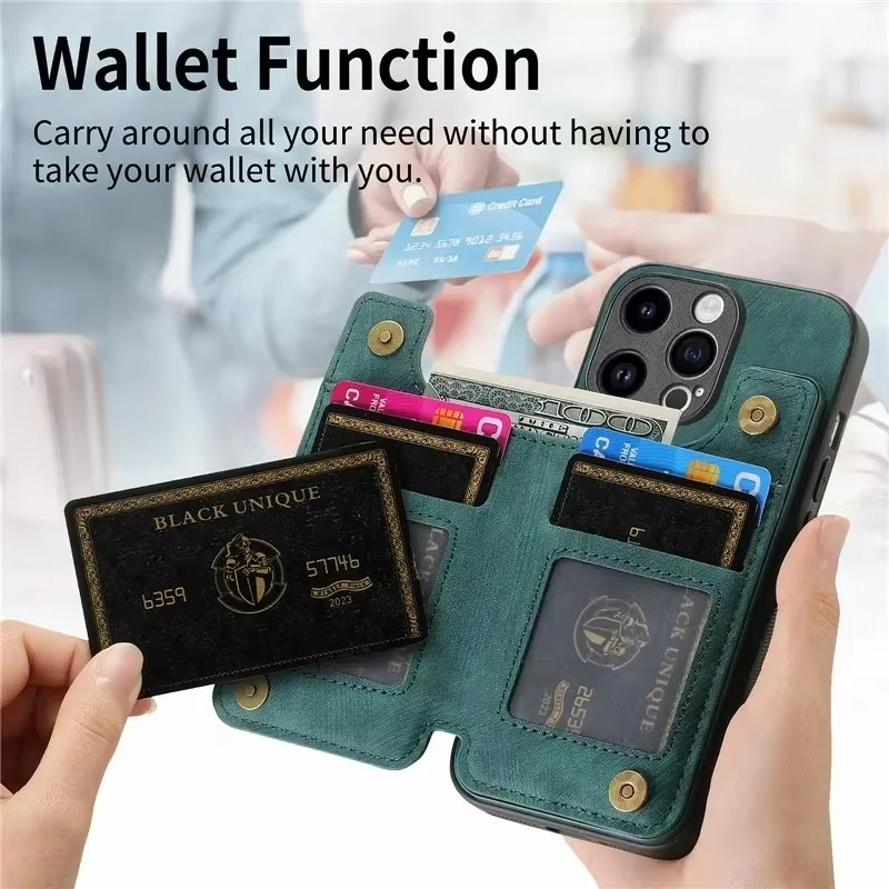 Luxury Leather Wallet iPhone Case — Zipper Card Slot, Magnetic Double Buckle, Anti-Fingerprint, Anti-Scratch, Non-Slip Full Protection Cover