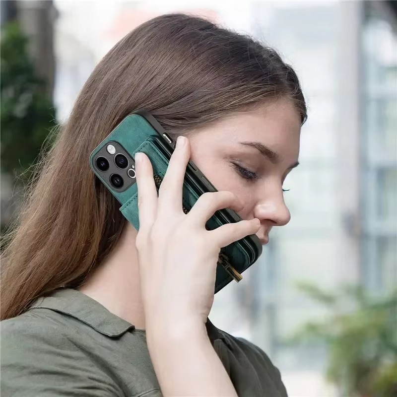 Luxury Leather Wallet iPhone Case — Zipper Card Slot, Magnetic Double Buckle, Anti-Fingerprint, Anti-Scratch, Non-Slip Full Protection Cover