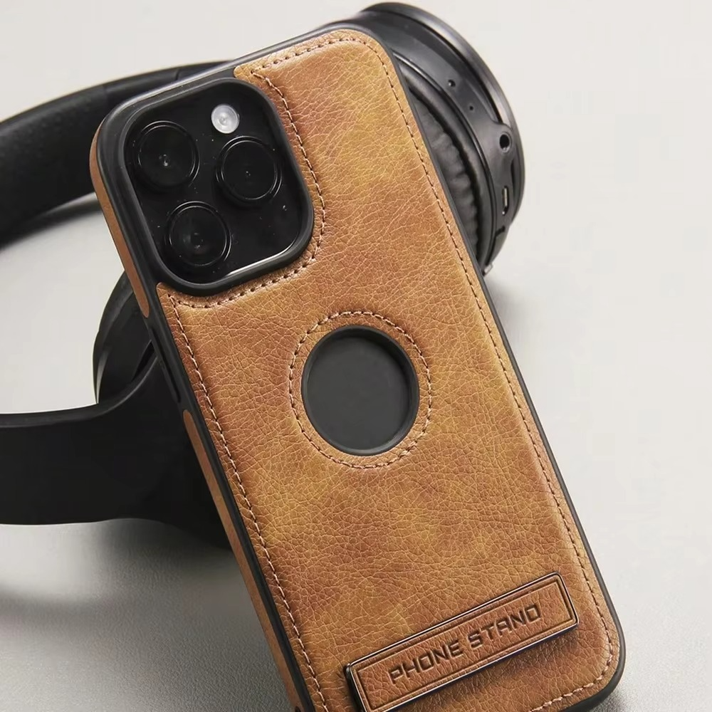 Luxury Leather iPhone Case — Kickstand Half-Wrapped Shockproof Cover, Anti-Scratch, Plain Design, Full Protection, Premium PU Leather