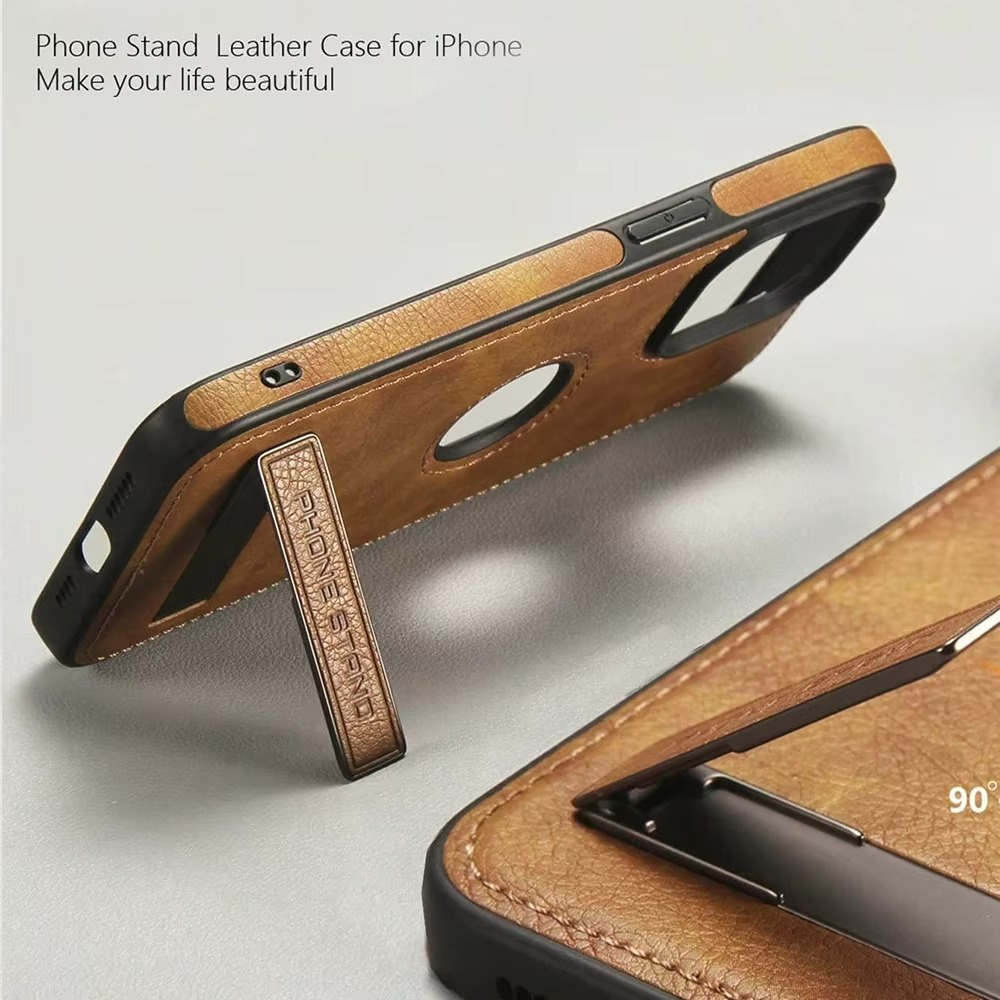 Luxury Leather iPhone Case — Kickstand Half-Wrapped Shockproof Cover, Anti-Scratch, Plain Design, Full Protection, Premium PU Leather
