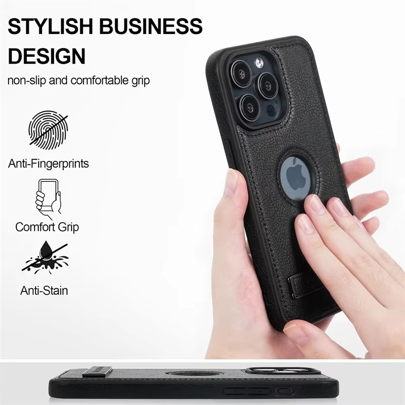 Luxury Leather iPhone Case — Kickstand Half-Wrapped Shockproof Cover, Anti-Scratch, Plain Design, Full Protection, Premium PU Leather