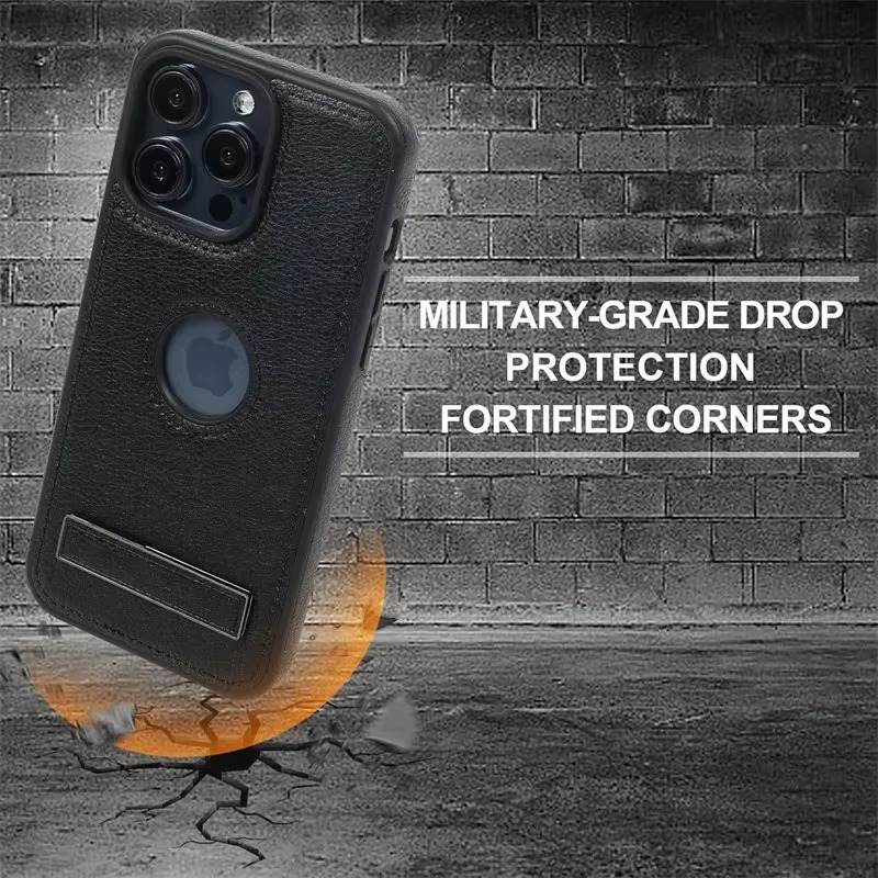 Luxury Leather iPhone Case — Kickstand Half-Wrapped Shockproof Cover, Anti-Scratch, Plain Design, Full Protection, Premium PU Leather