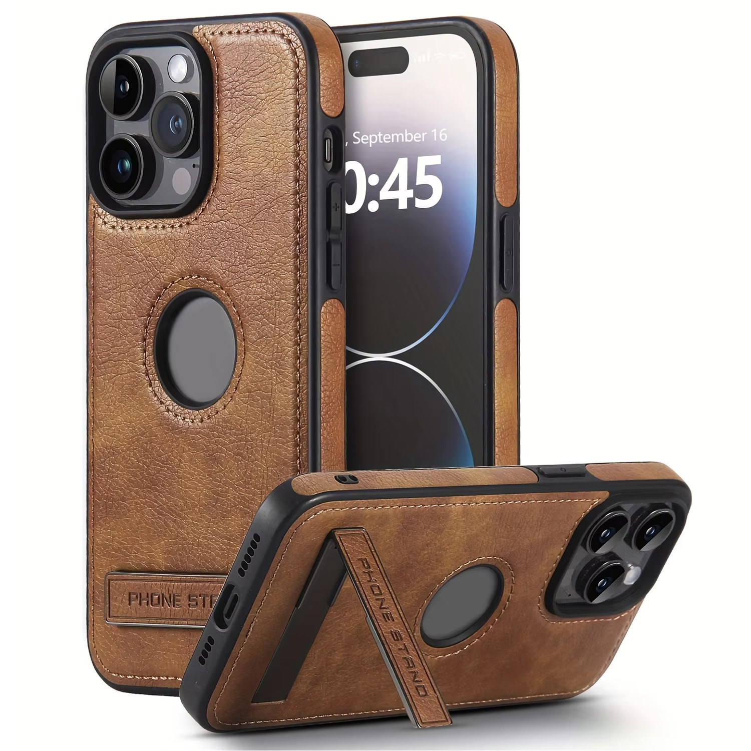Luxury Leather iPhone Case — Kickstand Half-Wrapped Shockproof Cover, Anti-Scratch, Plain Design, Full Protection, Premium PU Leather