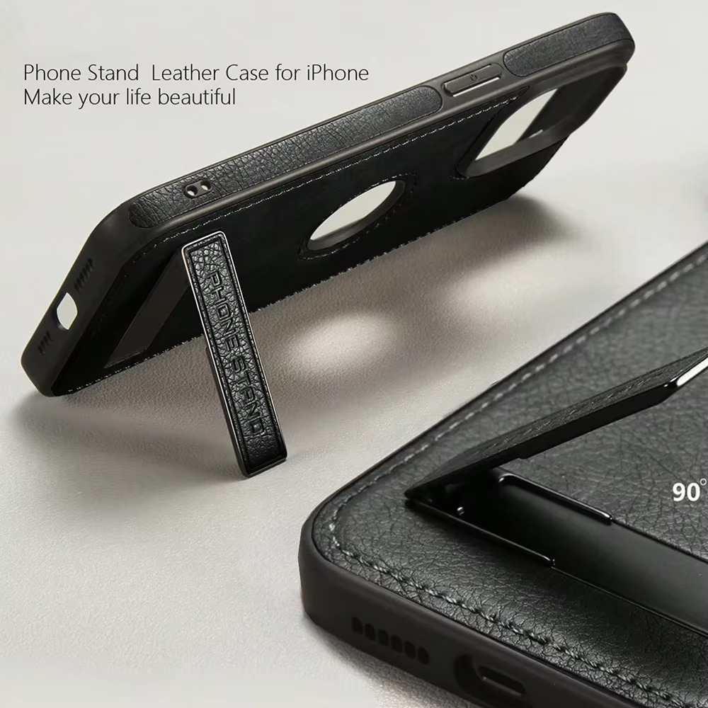 Luxury Leather iPhone Case — Kickstand Half-Wrapped Shockproof Cover, Anti-Scratch, Plain Design, Full Protection, Premium PU Leather