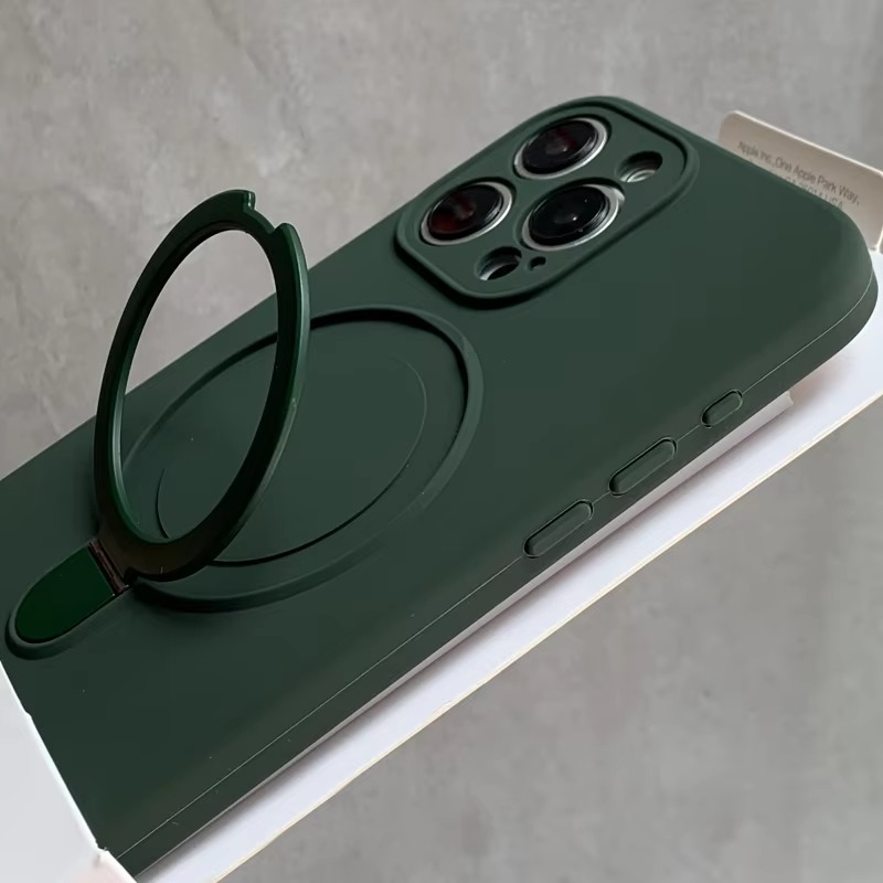 Luxury Liquid Silicone iPhone Case with Ring Holder — MagSafe Magnetic Stand, Matte Soft Bumper, Shockproof, Anti-Fingerprint, Non-Slip