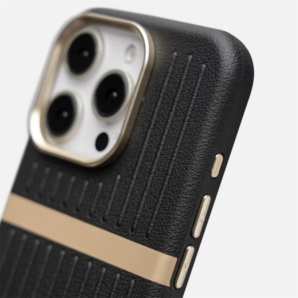 Luxury MagSafe Leather iPhone Case — 3D Stripe Shockproof Full Coverage with Alloy Lens Protection, Anti-Fingerprint Matte Texture Design