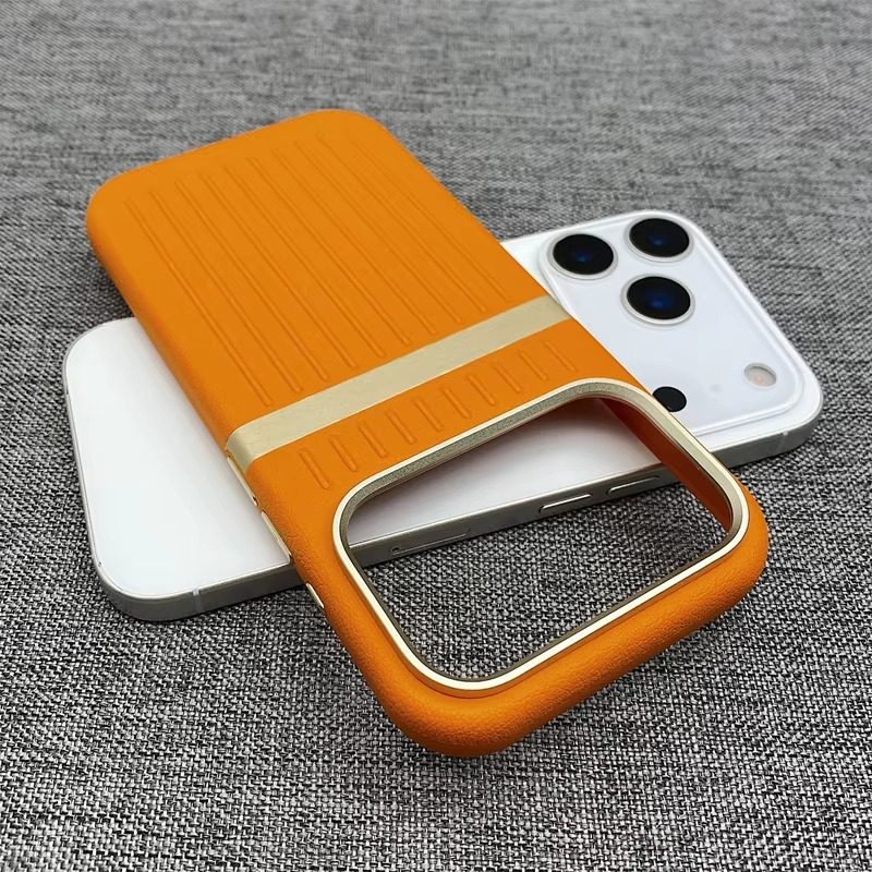 Luxury MagSafe Leather iPhone Case — 3D Stripe Shockproof Full Coverage with Alloy Lens Protection, Anti-Fingerprint Matte Texture Design